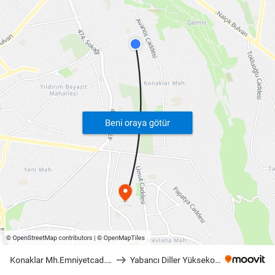 Konaklar Mh.Emniyetcad.Kavsagi to Yabancı Diller Yüksekokulu - 2 map