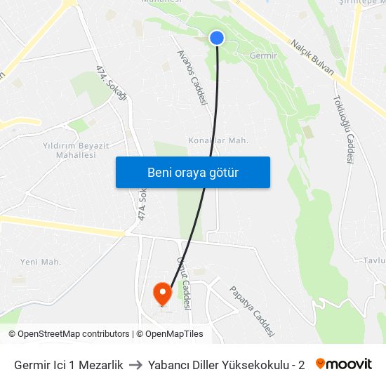 Germir Ici 1 Mezarlik to Yabancı Diller Yüksekokulu - 2 map