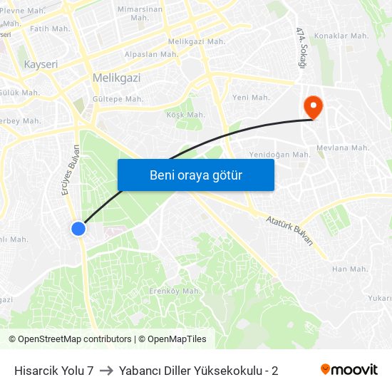 Hisarcik Yolu 7 to Yabancı Diller Yüksekokulu - 2 map