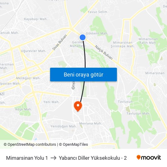 Mimarsinan Yolu 1 to Yabancı Diller Yüksekokulu - 2 map