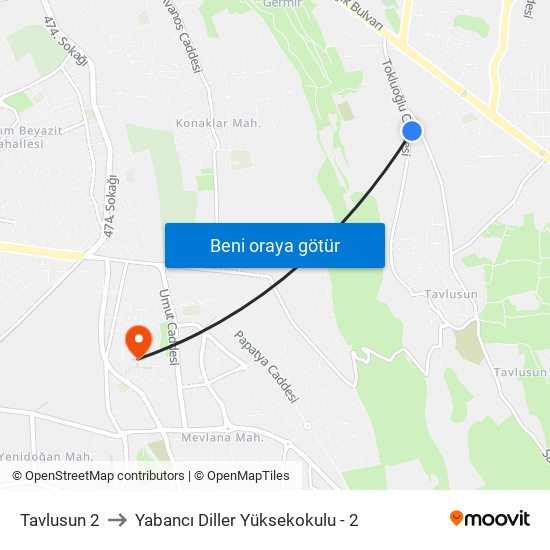 Tavlusun 2 to Yabancı Diller Yüksekokulu - 2 map