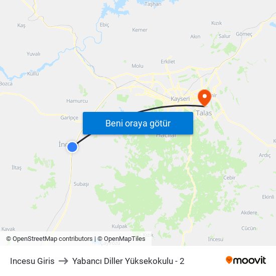 Incesu Giris to Yabancı Diller Yüksekokulu - 2 map