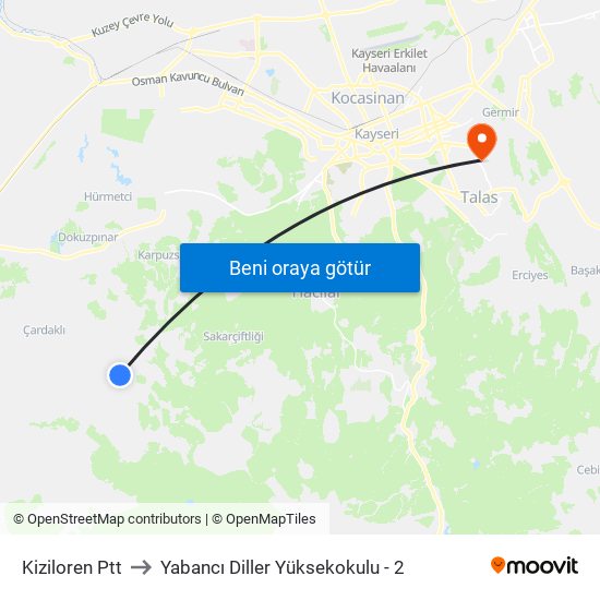 Kiziloren Ptt to Yabancı Diller Yüksekokulu - 2 map