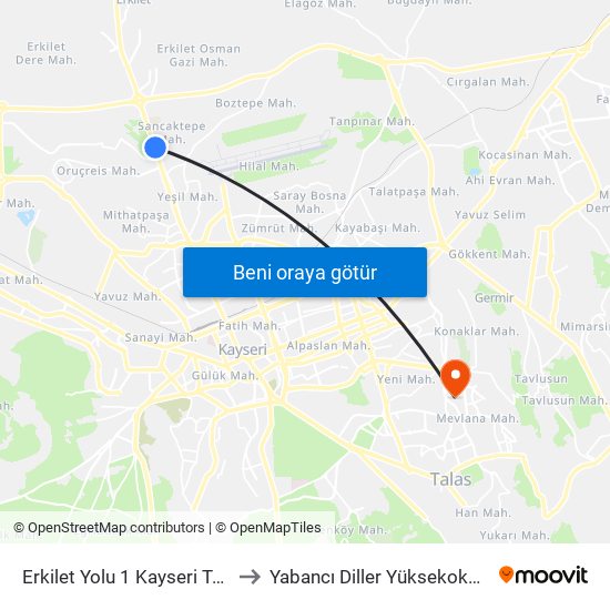 Erkilet Yolu 1 Kayseri Tekstil to Yabancı Diller Yüksekokulu - 2 map