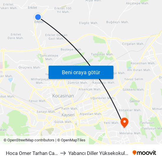 Hoca Omer Tarhan Camii to Yabancı Diller Yüksekokulu - 2 map