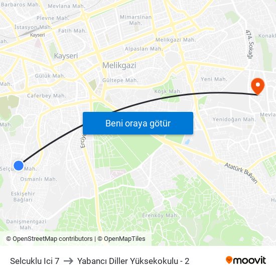 Selcuklu Ici 7 to Yabancı Diller Yüksekokulu - 2 map