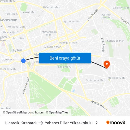 Hisarcık-Kıranardı to Yabancı Diller Yüksekokulu - 2 map