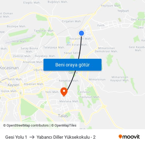 Gesi Yolu 1 to Yabancı Diller Yüksekokulu - 2 map