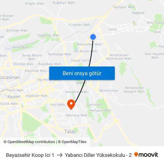 Beyazsehir Koop Ici 1 to Yabancı Diller Yüksekokulu - 2 map