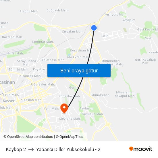 Kaykop 2 to Yabancı Diller Yüksekokulu - 2 map