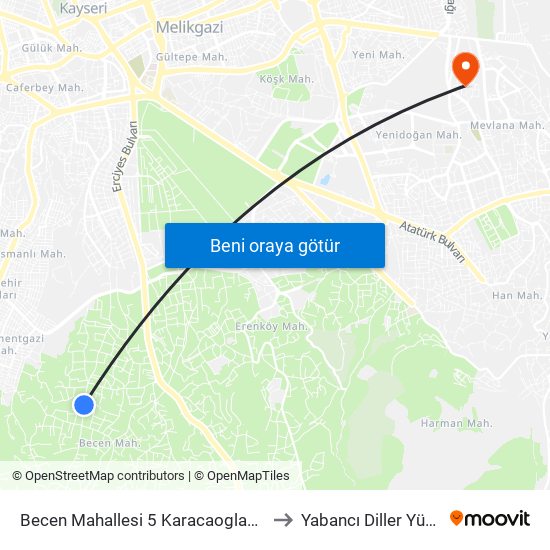 Becen Mahallesi 5 Karacaoglan Baglari Guzellestirm to Yabancı Diller Yüksekokulu - 2 map