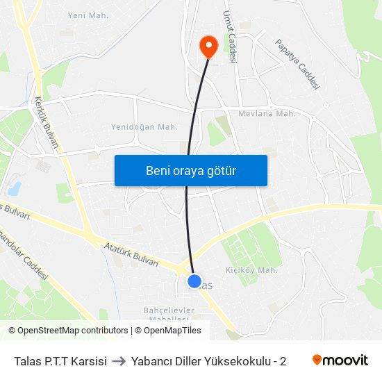 Talas P.T.T Karsisi to Yabancı Diller Yüksekokulu - 2 map