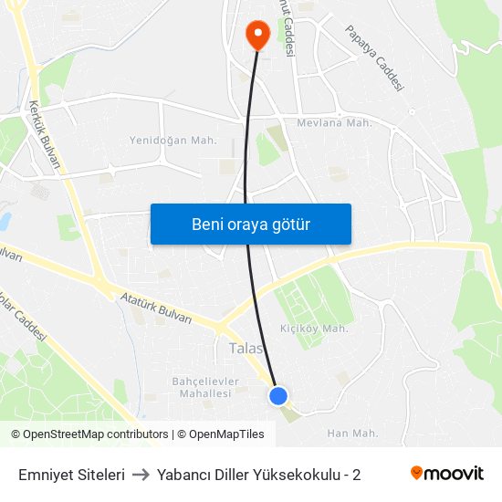 Emniyet Siteleri to Yabancı Diller Yüksekokulu - 2 map