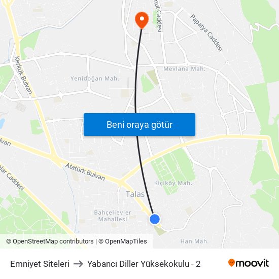 Emniyet Siteleri to Yabancı Diller Yüksekokulu - 2 map