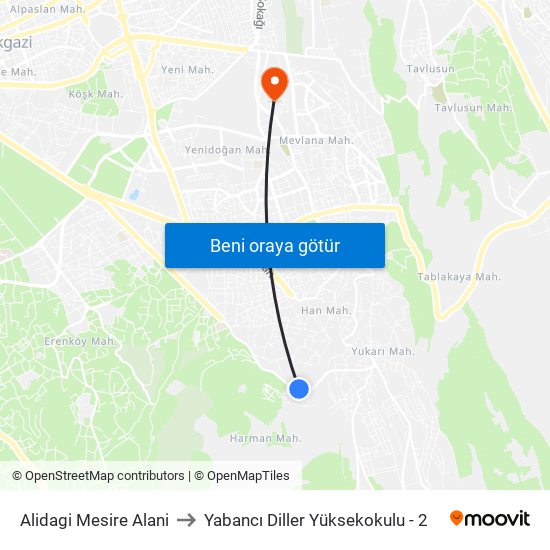 Alidagi Mesire Alani to Yabancı Diller Yüksekokulu - 2 map