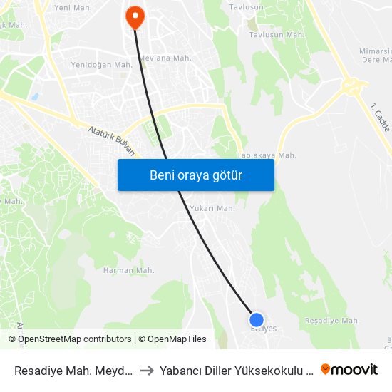 Resadiye Mah. Meydan to Yabancı Diller Yüksekokulu - 2 map