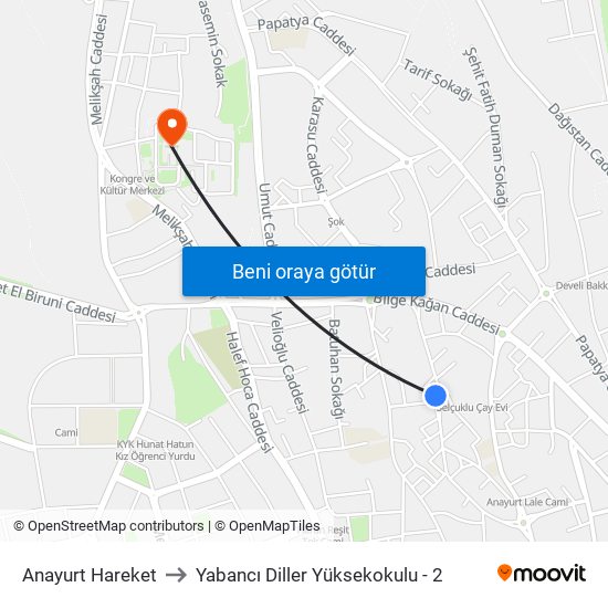 Anayurt Hareket to Yabancı Diller Yüksekokulu - 2 map