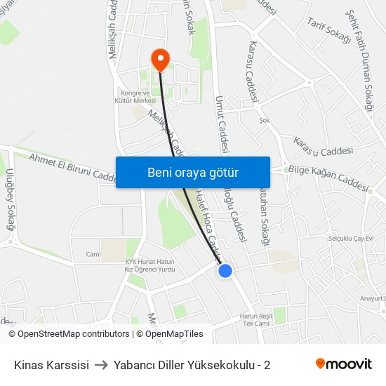 Kinas Karssisi to Yabancı Diller Yüksekokulu - 2 map