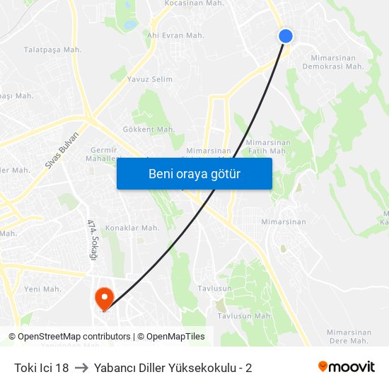 Toki Ici 18 to Yabancı Diller Yüksekokulu - 2 map