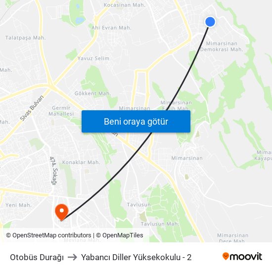 Otobüs Durağı to Yabancı Diller Yüksekokulu - 2 map