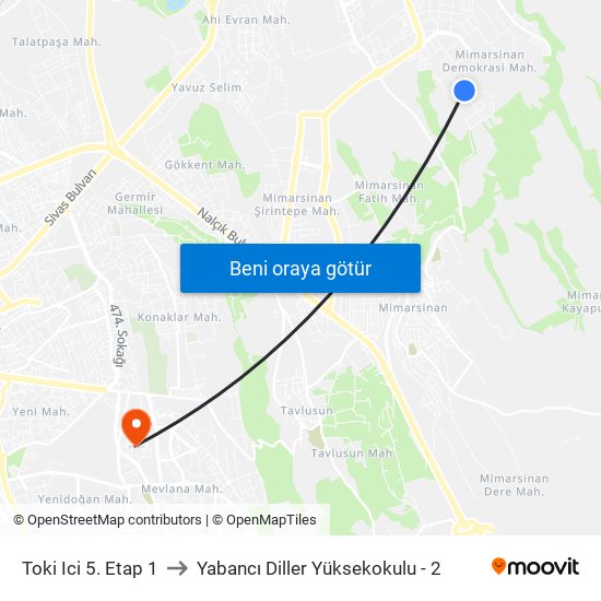 Toki Ici 5. Etap 1 to Yabancı Diller Yüksekokulu - 2 map