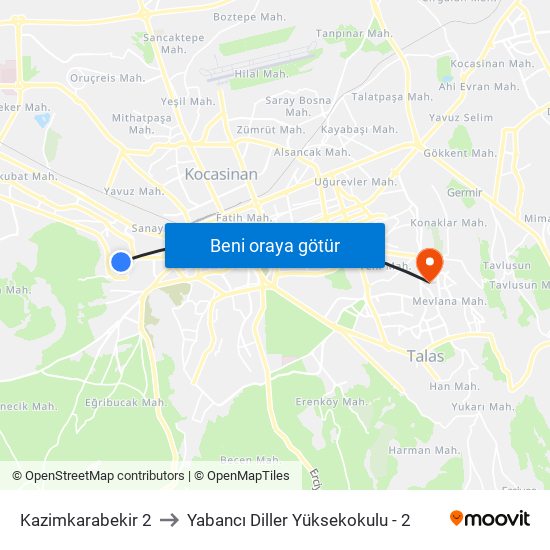 Kazimkarabekir 2 to Yabancı Diller Yüksekokulu - 2 map