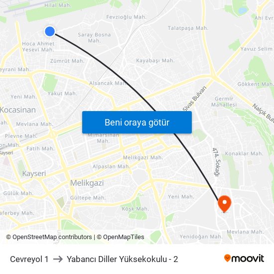 Cevreyol 1 to Yabancı Diller Yüksekokulu - 2 map