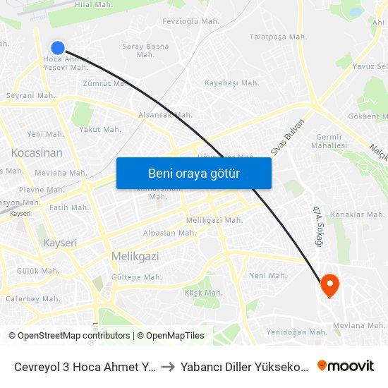 Cevreyol 3 Hoca Ahmet Yesevi 3 to Yabancı Diller Yüksekokulu - 2 map