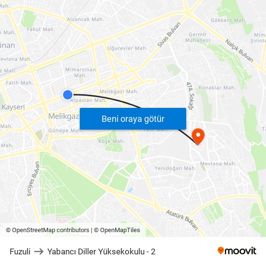 Fuzuli to Yabancı Diller Yüksekokulu - 2 map