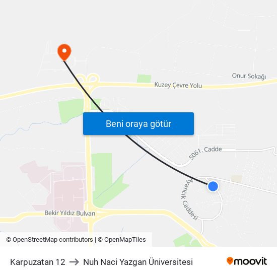 Karpuzatan 12 to Nuh Naci Yazgan Üniversitesi map