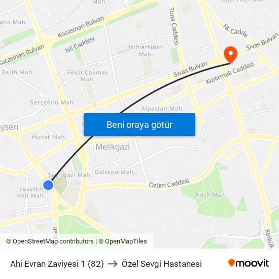 Ahi Evran Zaviyesi 1 (82) to Özel Sevgi Hastanesi map