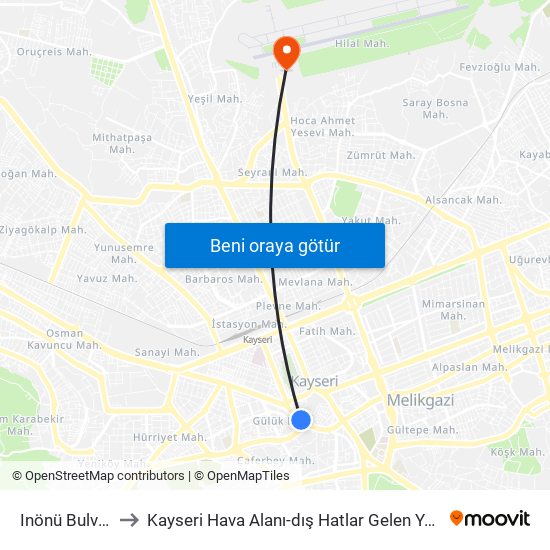 Inönü Bulvarı 2 to Kayseri Hava Alanı-dış Hatlar Gelen Yolcu Çıkışı map