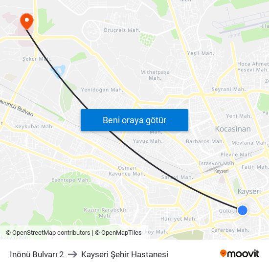 Inönü Bulvarı 2 to Kayseri Şehir Hastanesi map