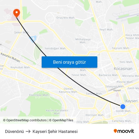 Düvenönü to Kayseri Şehir Hastanesi map