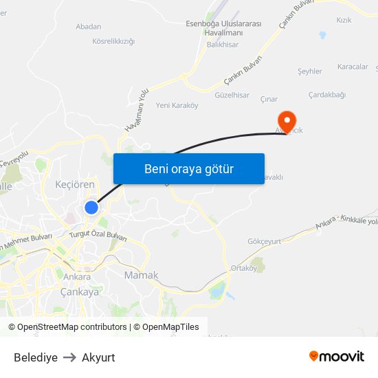 Belediye to Akyurt map