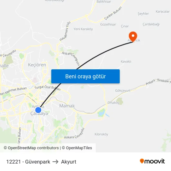 12221 - Güvenpark to Akyurt map
