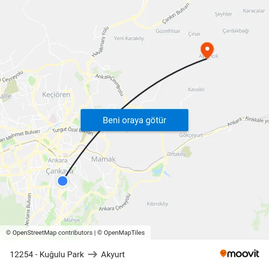 12254 - Kuğulu Park to Akyurt map