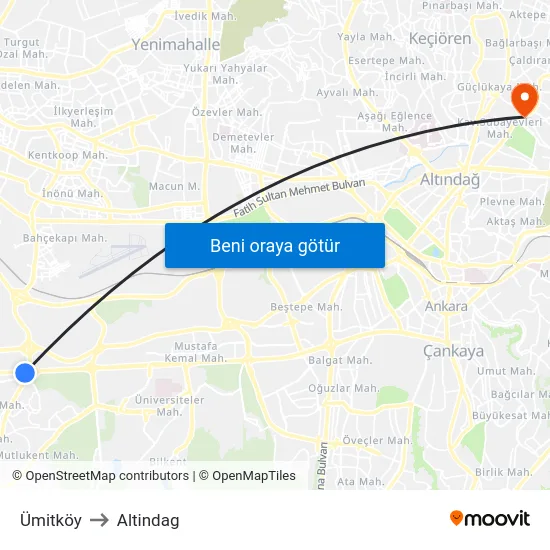 Ümitköy to Altindag map