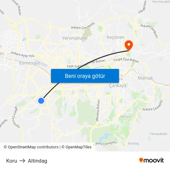 Koru to Altindag map