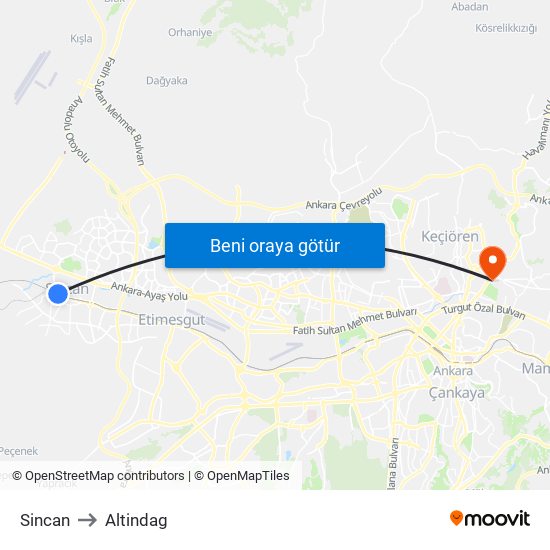 Sincan to Altindag map