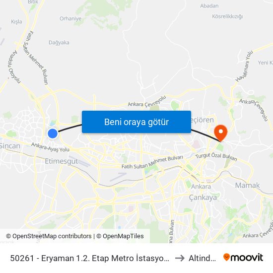 50261 - Eryaman 1.2. Etap Metro İstasyonu to Altindag map