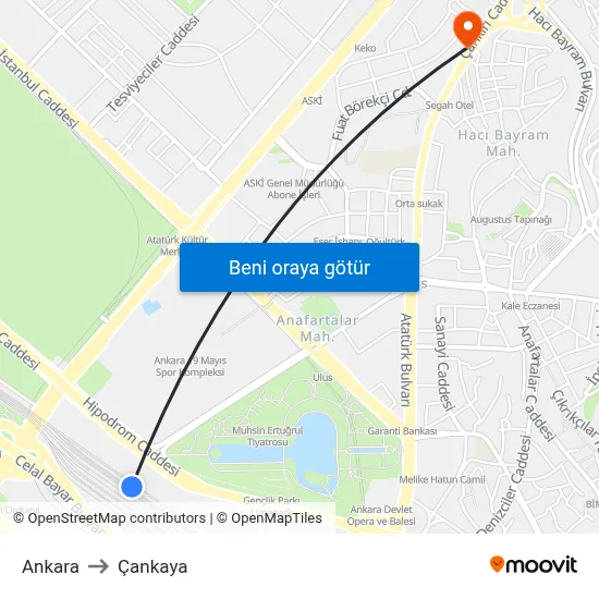 Ankara to Çankaya map