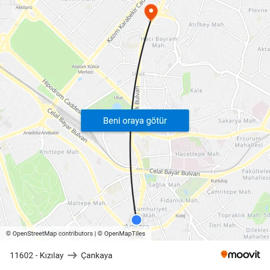 11602 - Kızılay to Çankaya map