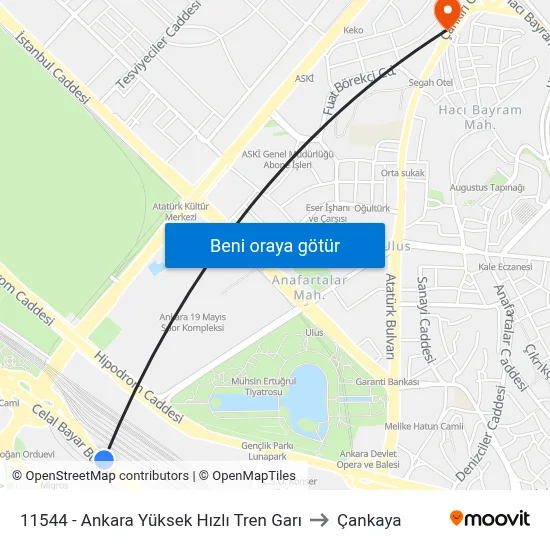 11544 - Ankara Yüksek Hızlı Tren Garı to Çankaya map