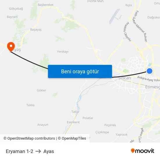 Eryaman 1-2 to Ayas map