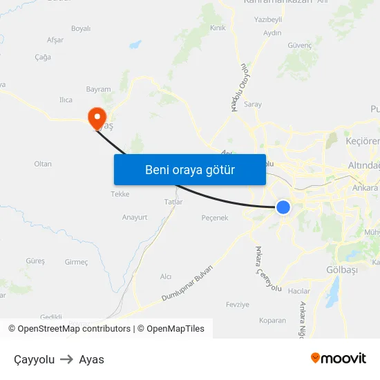 Çayyolu to Ayas map