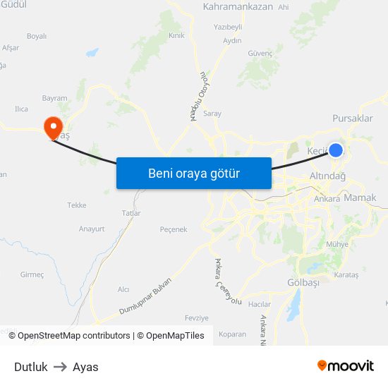 Dutluk to Ayas map