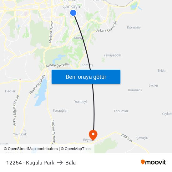 12254 - Kuğulu Park to Bala map