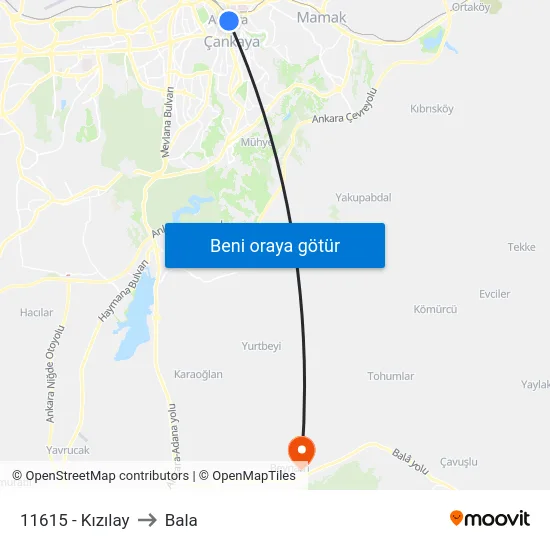 11615 - Kızılay to Bala map