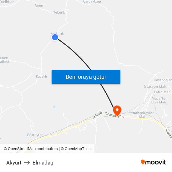 Akyurt to Elmadag map